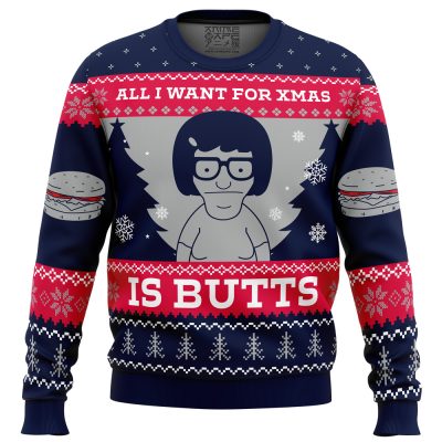 All I Want For Xmas is Butt Bobs Burgers Ugly Christmas Sweater FRONT mockup - Bob's Burgers Store