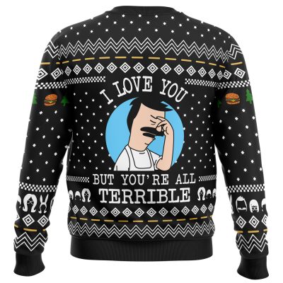 I Love You but Bobs Burgers Ugly Christmas Sweater Sweater BACK mockup - Bob's Burgers Store